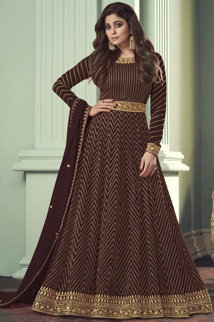 Shamita Shetty Maroon Georgette Floor Length Anarkali Suit