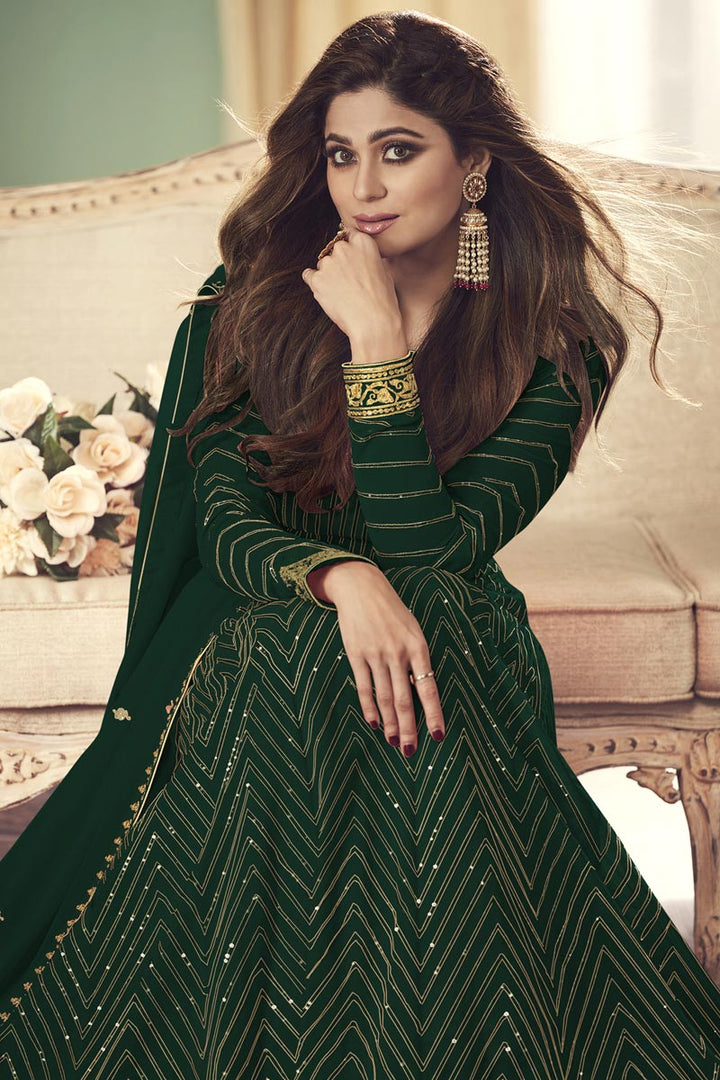 Shamita Shetty Looks Pretty Dark Green Georgette Fabric Floor Length Anarkali Suit