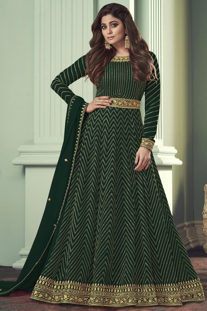 Shamita Shetty Looks Pretty Dark Green Georgette Fabric Floor Length Anarkali Suit