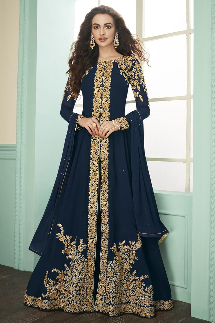 Function Wear Georgette Embroidered Long Length Anarkali Suit In Navy Blue