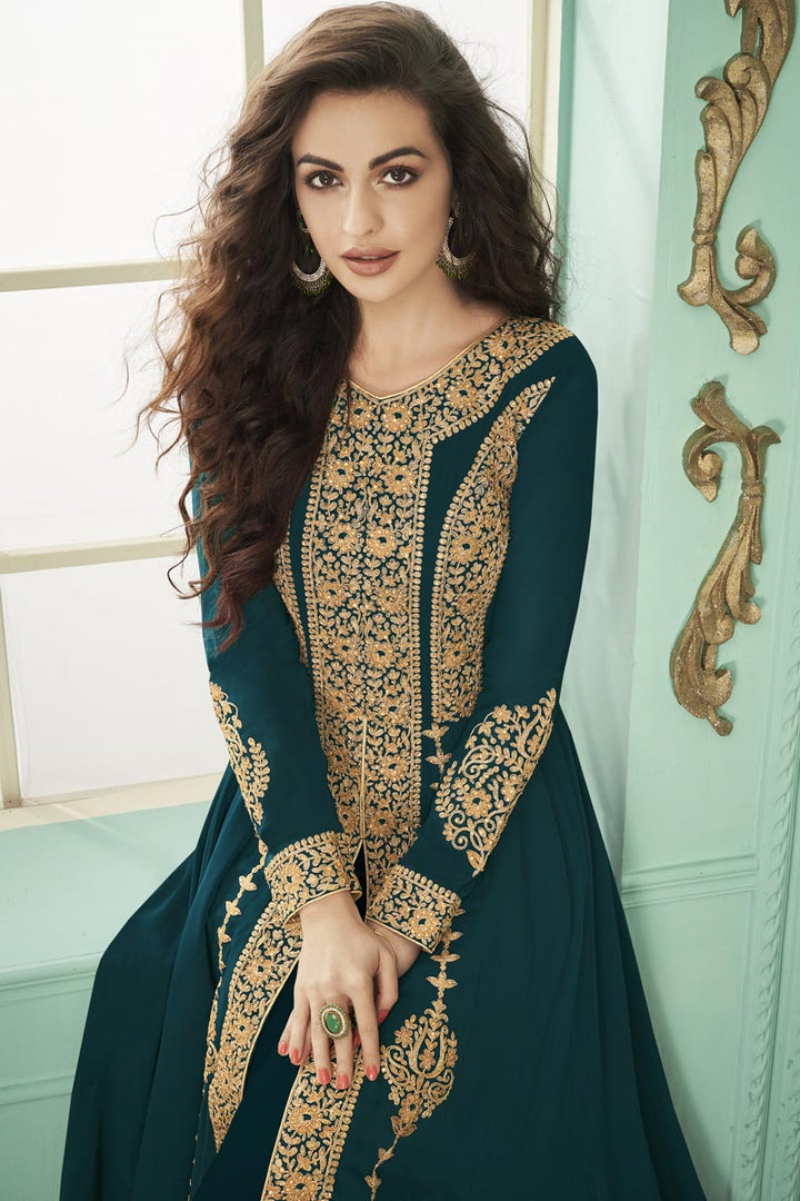 Georgette Teal Color Function Wear Embroidered Floor Length Anarkali Dress