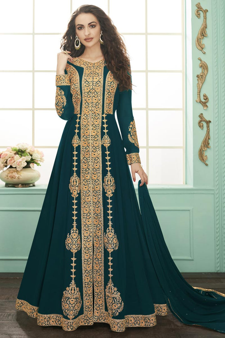 Georgette Teal Color Function Wear Embroidered Floor Length Anarkali Dress