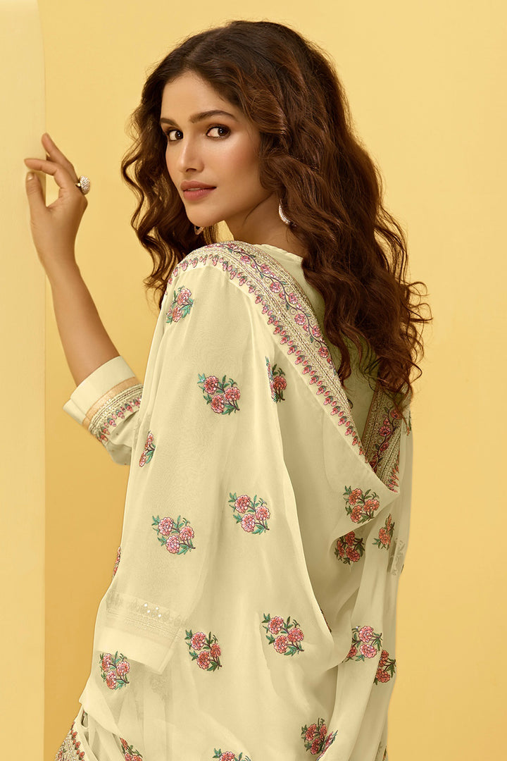 Georgette Fabric Festive Wear Embroidered Palazzo Salwar Suit In Beige Color