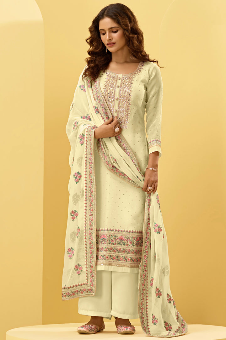 Georgette Fabric Festive Wear Embroidered Palazzo Salwar Suit In Beige Color