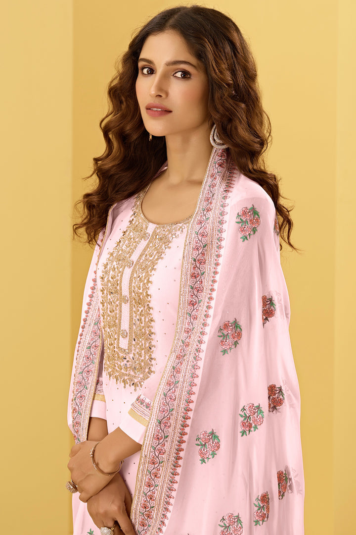 Georgette Fabric Pink Color Embroidered Party Wear Palazzo Salwar Suit