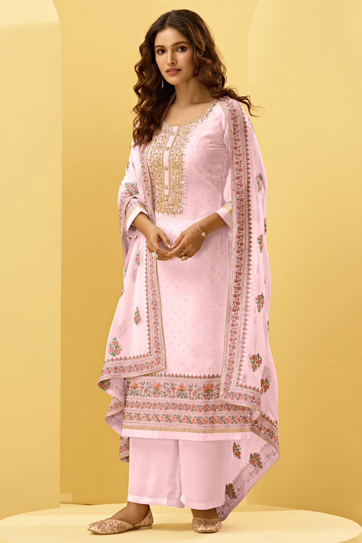 Georgette Fabric Pink Color Embroidered Party Wear Palazzo Salwar Suit