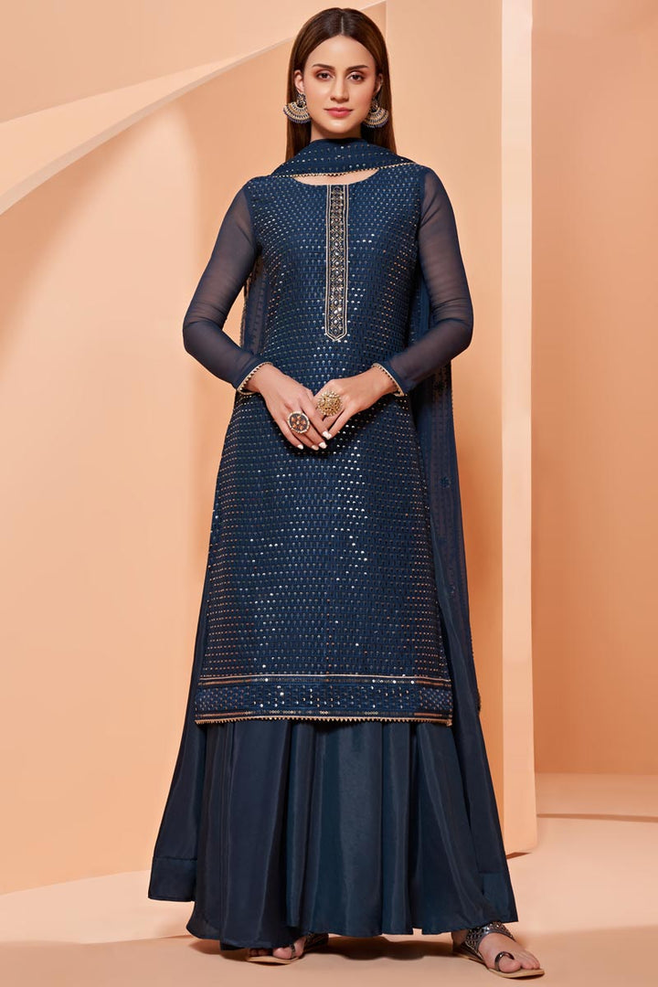 Festive Wear Navy Blue Sequins Work Georgette Fabric Beautiful Palazzo Suit