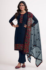 Load image into Gallery viewer, Embroidered Navy Blue Color Vintage Salwar Suit In Georgette Fabric
