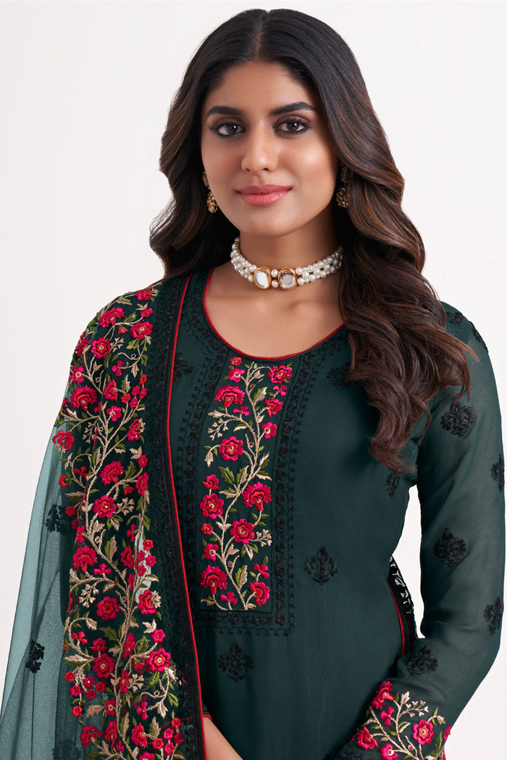 Intricate Embroidered Georgette Fabric Dark Green Color Salwar Suit