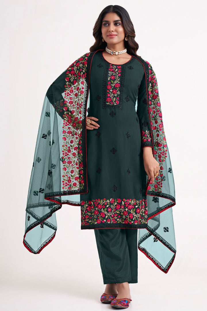 Intricate Embroidered Georgette Fabric Dark Green Color Salwar Suit