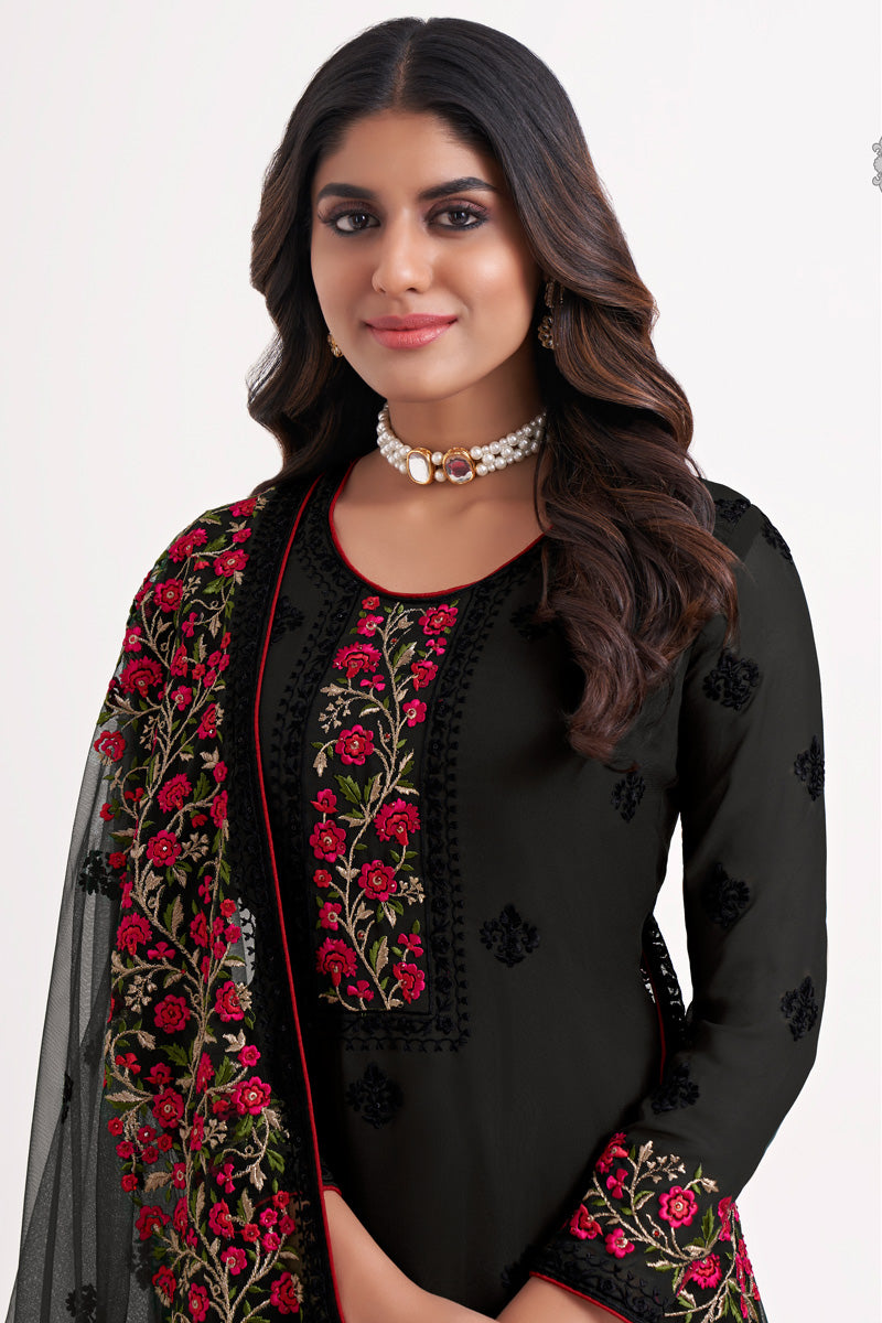 Black Color Engrossing Embroidered Salwar Suit In Georgette Fabric
