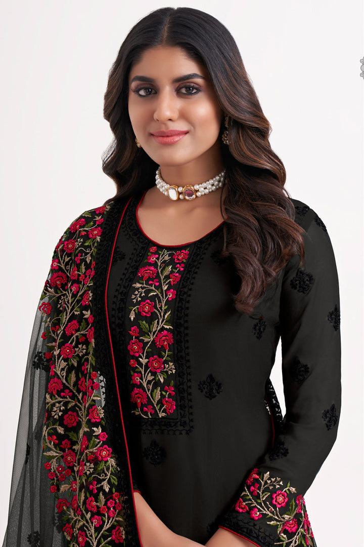 Black Color Engrossing Embroidered Salwar Suit In Georgette Fabric