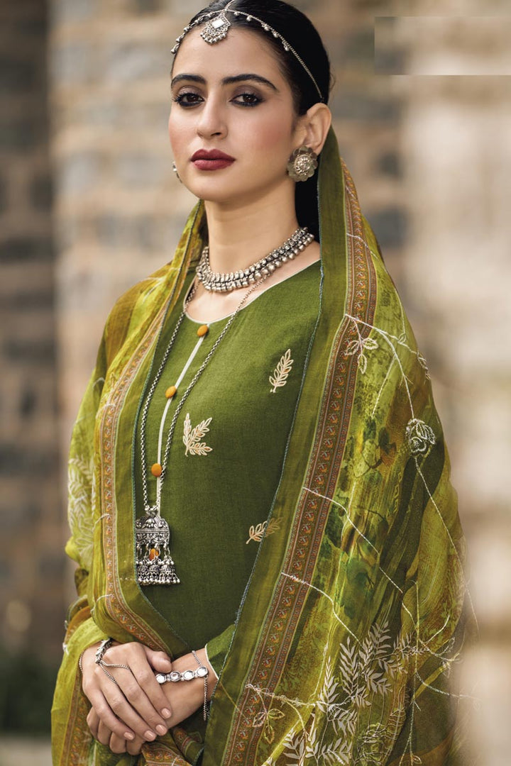Art Silk Fabric Festive Wear Sober Salwar Suit In Mehendi Green Color