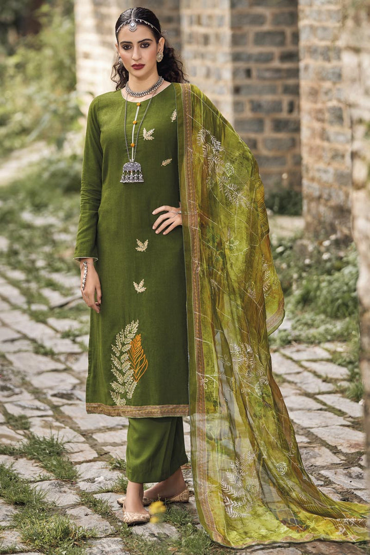 Art Silk Fabric Festive Wear Sober Salwar Suit In Mehendi Green Color