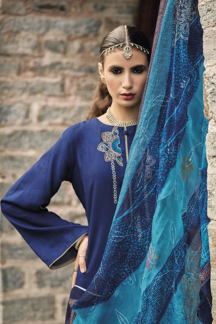 Exquisite Art Silk Fabric Festive Wear Salwar Suit In Blue Color