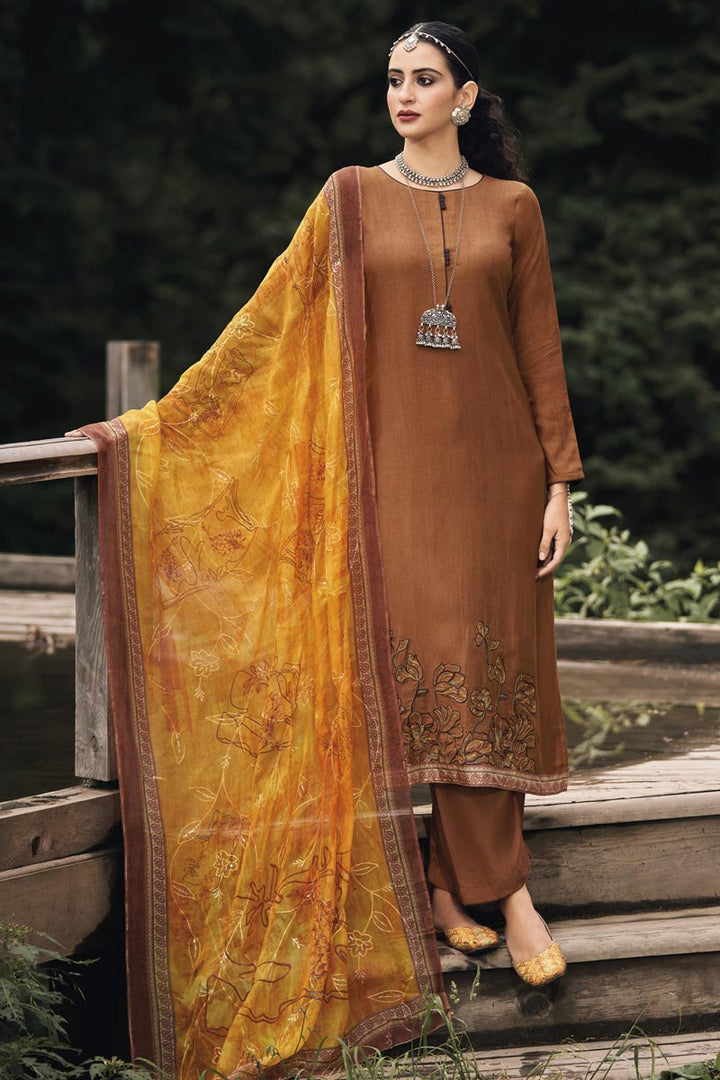 Rust Color Festive Wear Fascinating Salwar Suit In Art Silk Fabric