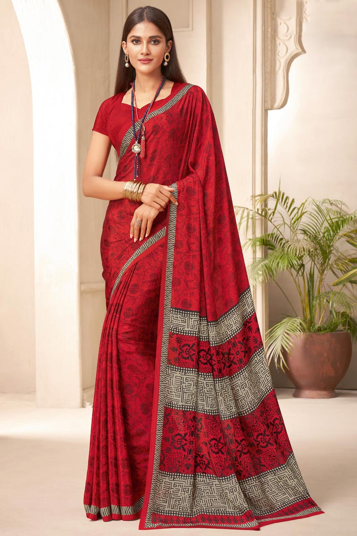 Crepe Silk Fabric Fancy Red Color Regular Wear Printed Saree