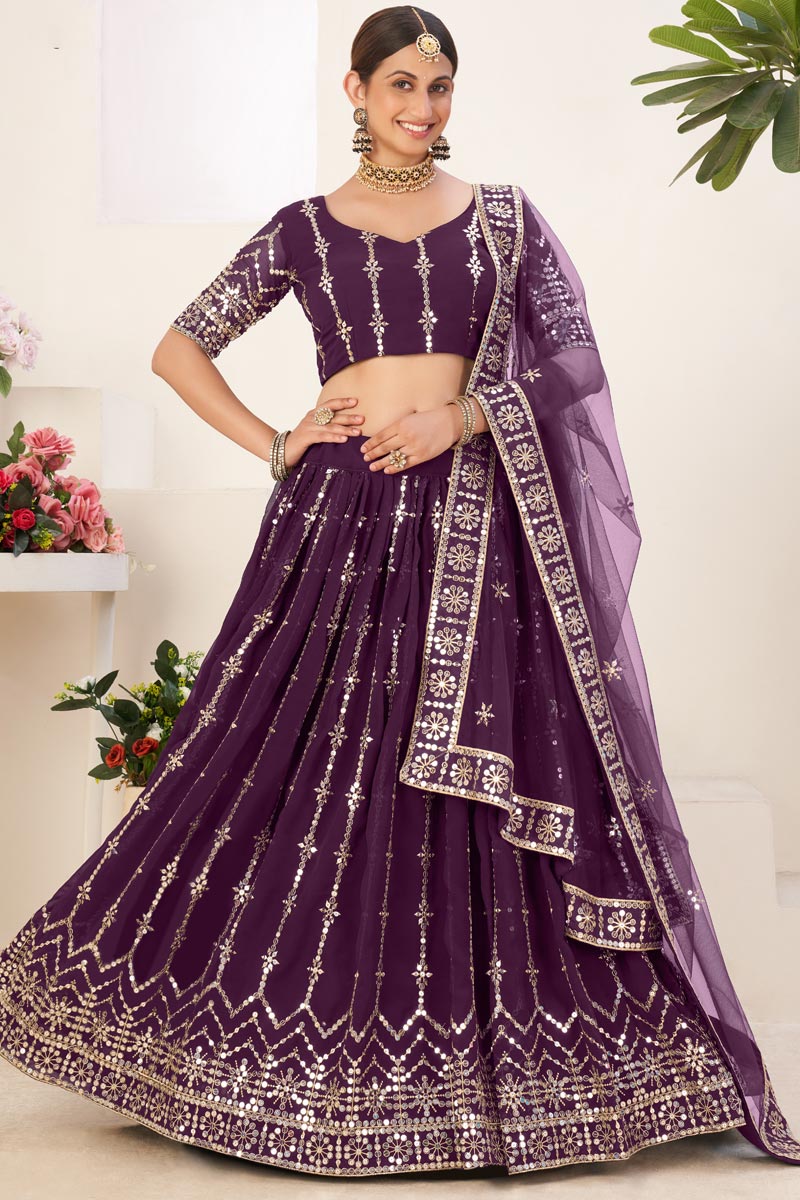 Radiant Purple Color Georgette Fabric Sequins Work Lehenga