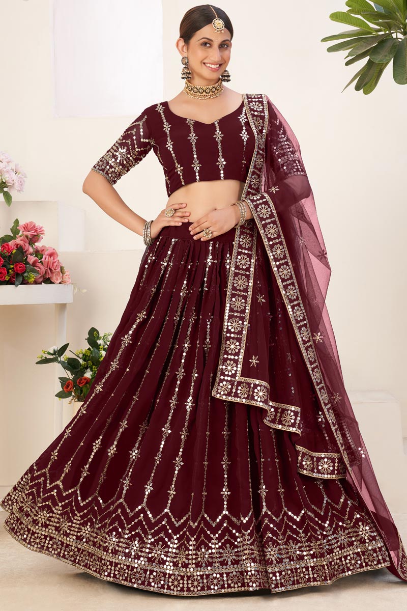 Maroon Color Georgette Fabric Elegant Sequins Work Lehenga