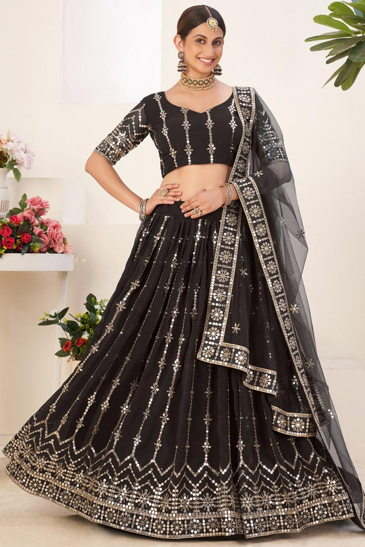 Black Color Sequins Work Trendy Lehenga In Georgette Fabric