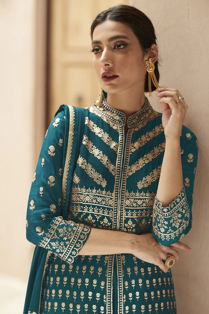 Georgette Fabric Teal Color Glamorous Sequins Work Palazzo Suit