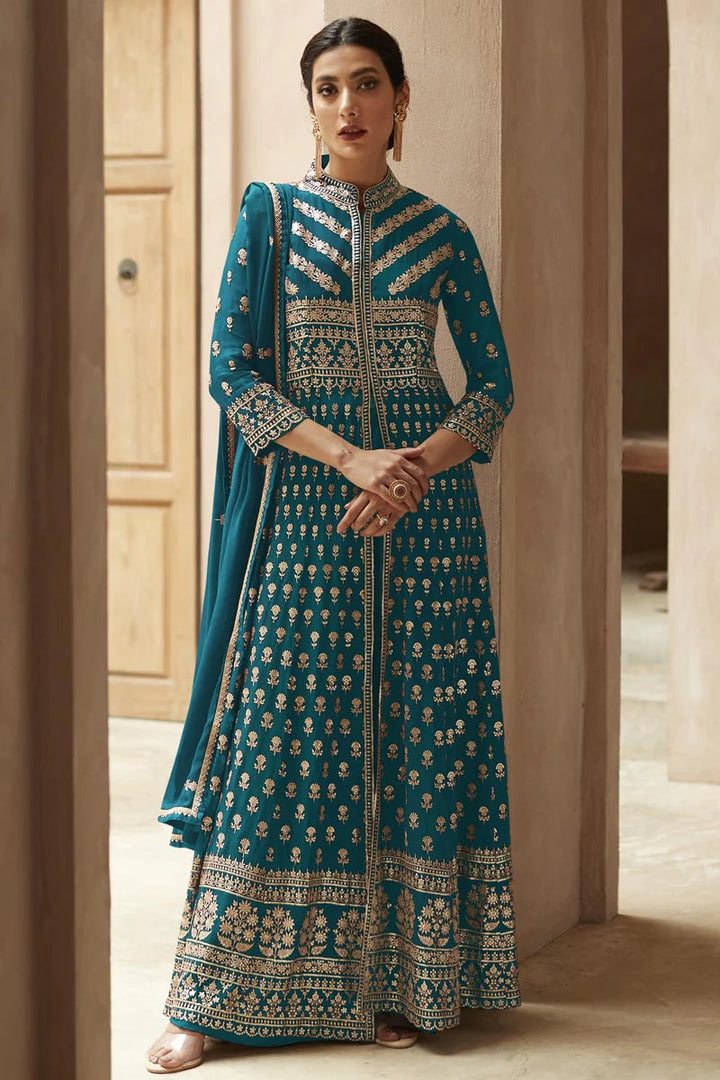 Georgette Fabric Teal Color Glamorous Sequins Work Palazzo Suit