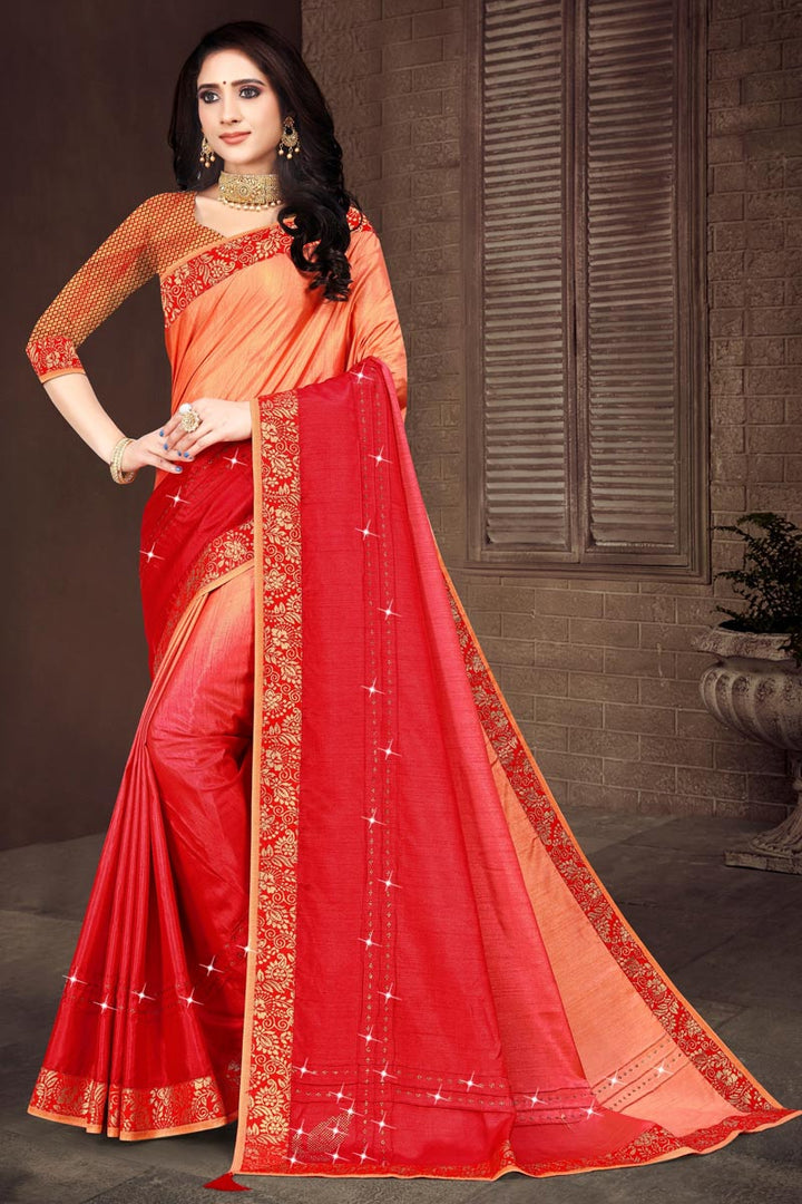 Fancy Art Silk Fabric Festive Wear Red Color Lace Work Saree