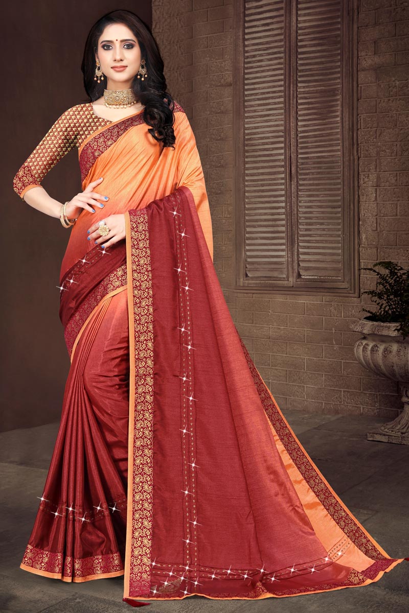 Festive Wear Maroon Color Art Silk Fabric Lace Work Saree