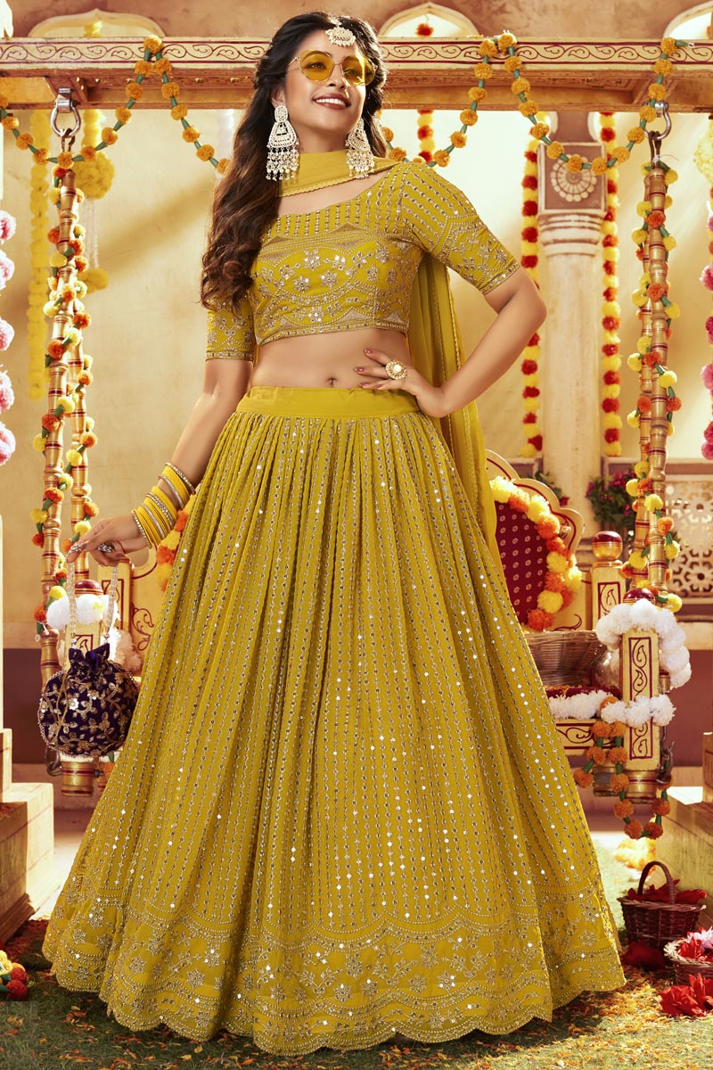 Yellow Color Ravishing Sequins Work Georgette Lehenga