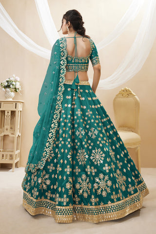 Art Silk Fabric Embroidered Sangeet Wear Designer Lehenga Choli In Teal Color