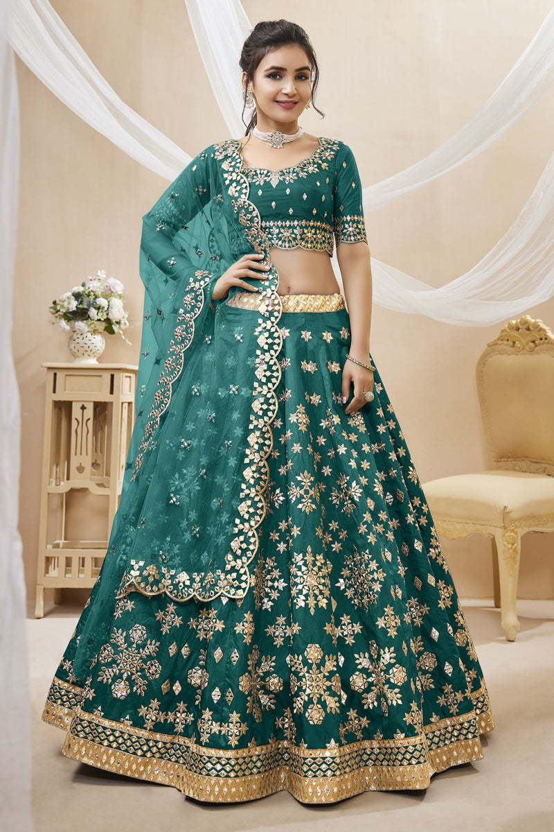 Art Silk Fabric Embroidered Sangeet Wear Designer Lehenga Choli In Teal Color