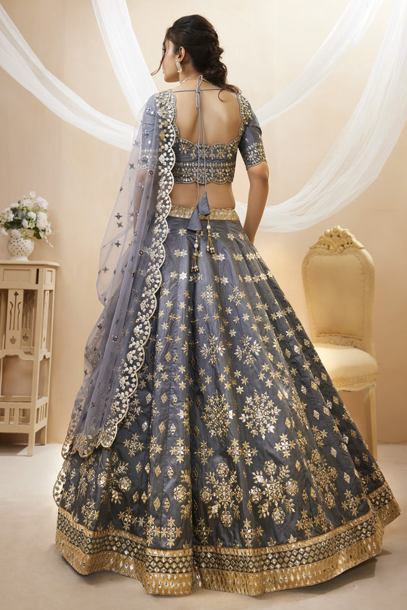 Grey Color Reception Wear Art Silk Fabric Embroidered Lehenga Choli