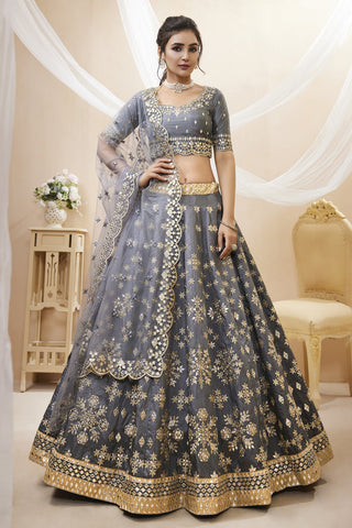 Grey Color Reception Wear Art Silk Fabric Embroidered Lehenga Choli