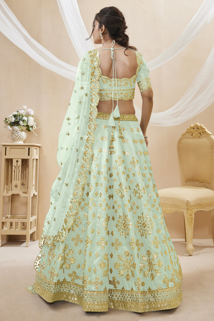 Excellent Art Silk Fabric Sea Green Color Lehenga Choli With Embroidered Work