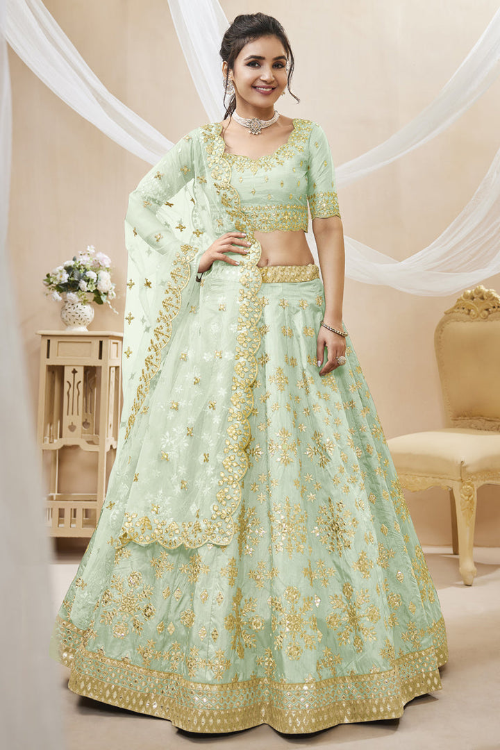 Excellent Art Silk Fabric Sea Green Color Lehenga Choli With Embroidered Work