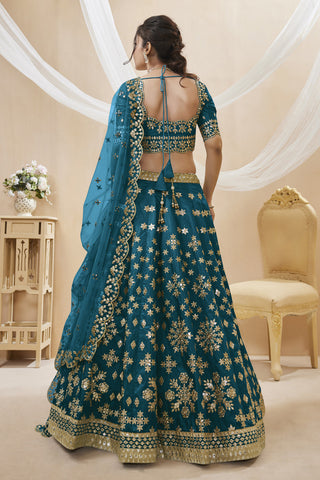 Embellished Embroidered Work On Blue Color Art Silk Fabric Lehenga Choli