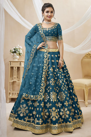 Embellished Embroidered Work On Blue Color Art Silk Fabric Lehenga Choli