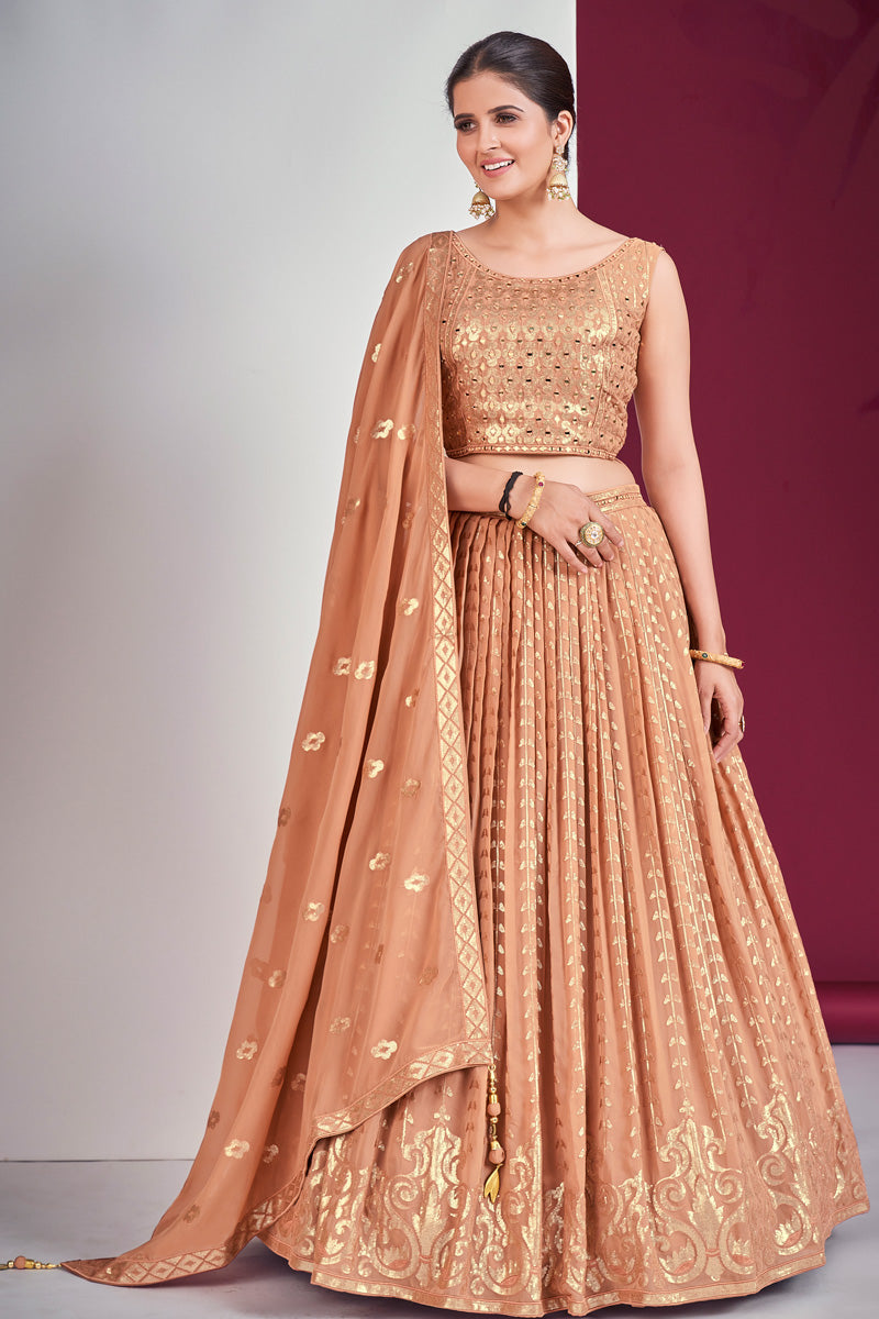 Komal Vora Sequins Mirror Work Georgette Lehenga In Peach