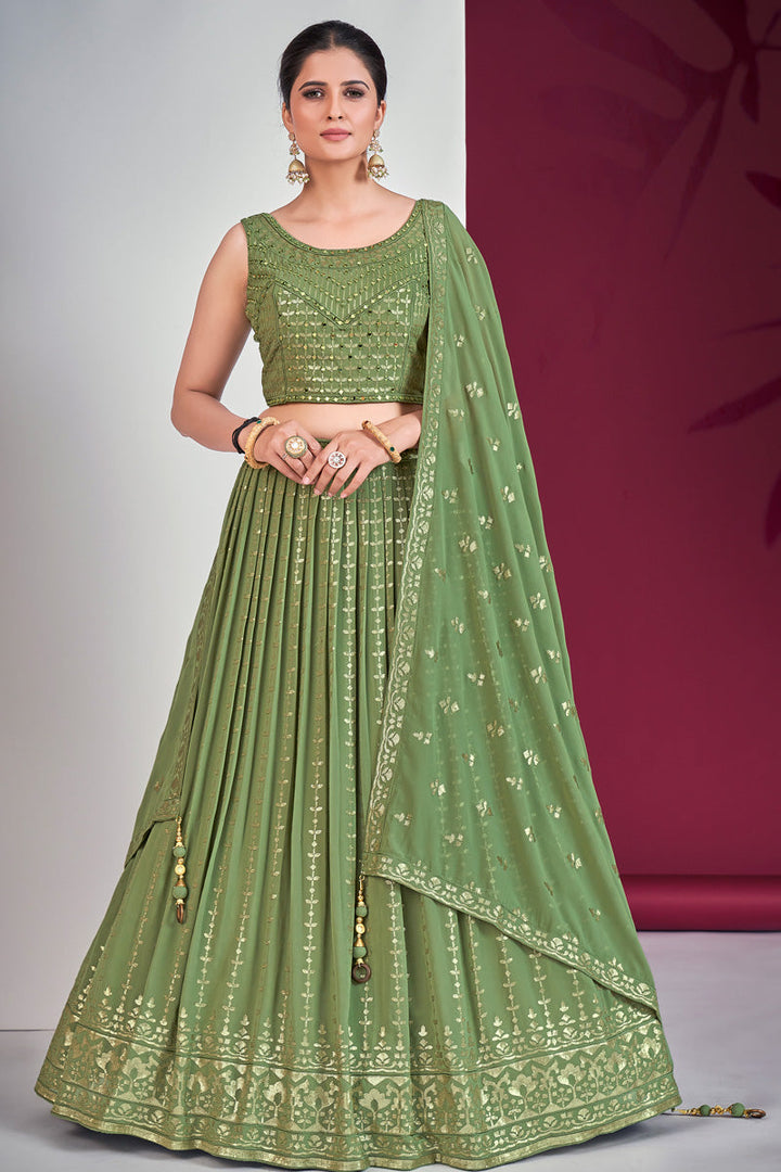 Komal Vora Sequins Mirror Work Georgette Lehenga In Green