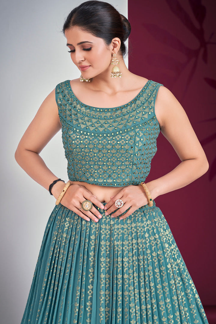 Komal Vora Sequins Mirror Work Georgette Lehenga In Teal Blue