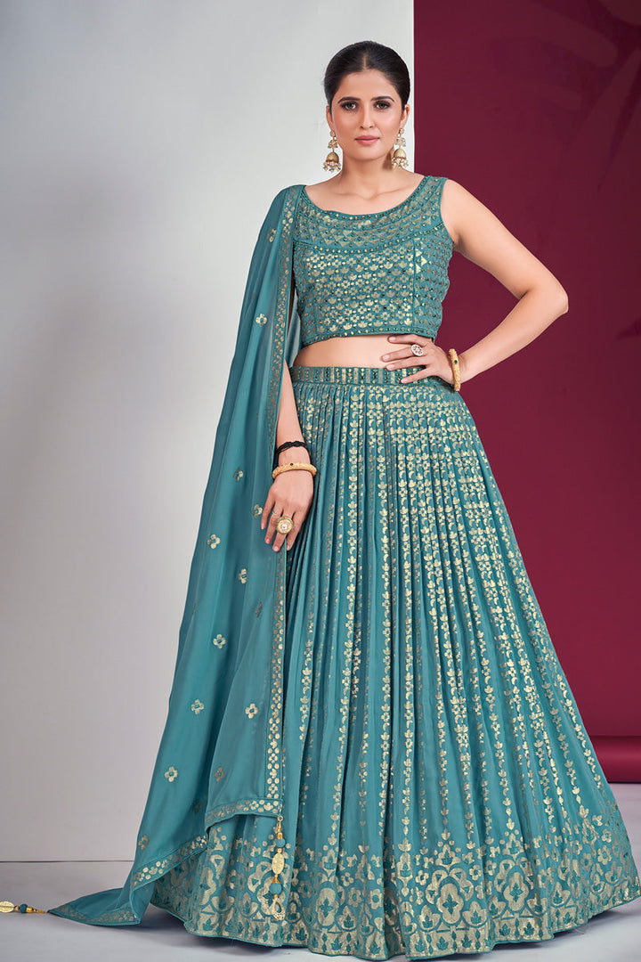 Komal Vora Sequins Mirror Work Georgette Lehenga In Teal Blue