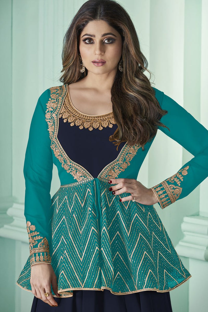 Shamita Shetty Georgette Fabric Embroidered Festive Wear Designer Anarkali Suit In Navy Blue Color