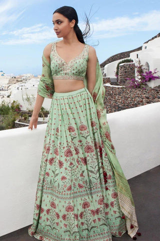 Printed Designs Art Silk Fabric Sea Green Color Wedding Wear Lehenga