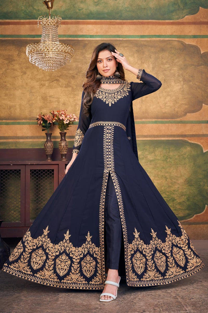 Navy Blue Color Embellished Embroidered Anarkali Suit In Georgette Fabric