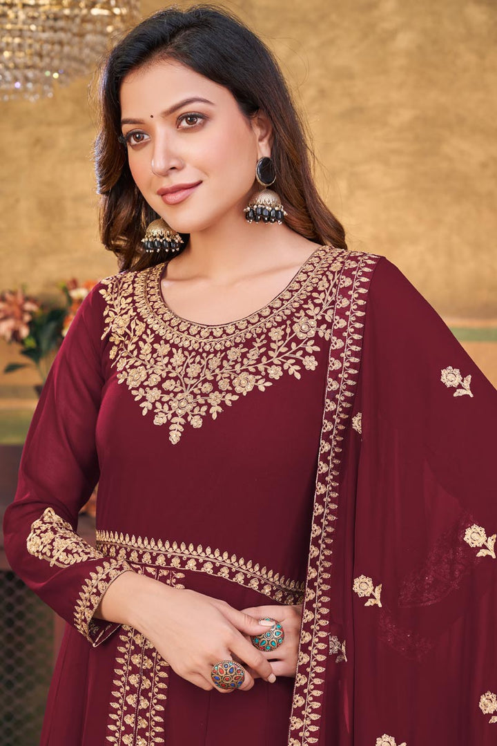 Stunning Maroon Color Georgette Fabric Embroidered Anarkali Suit