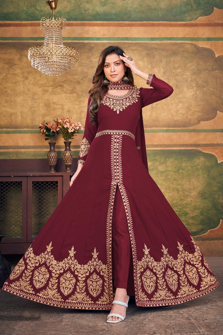 Stunning Maroon Color Georgette Fabric Embroidered Anarkali Suit