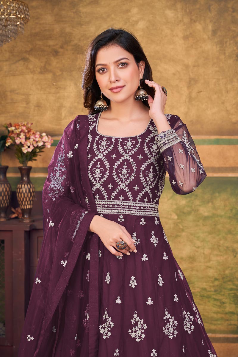 Tempting Net Fabric Wine Color Function Look Anarkali Suit