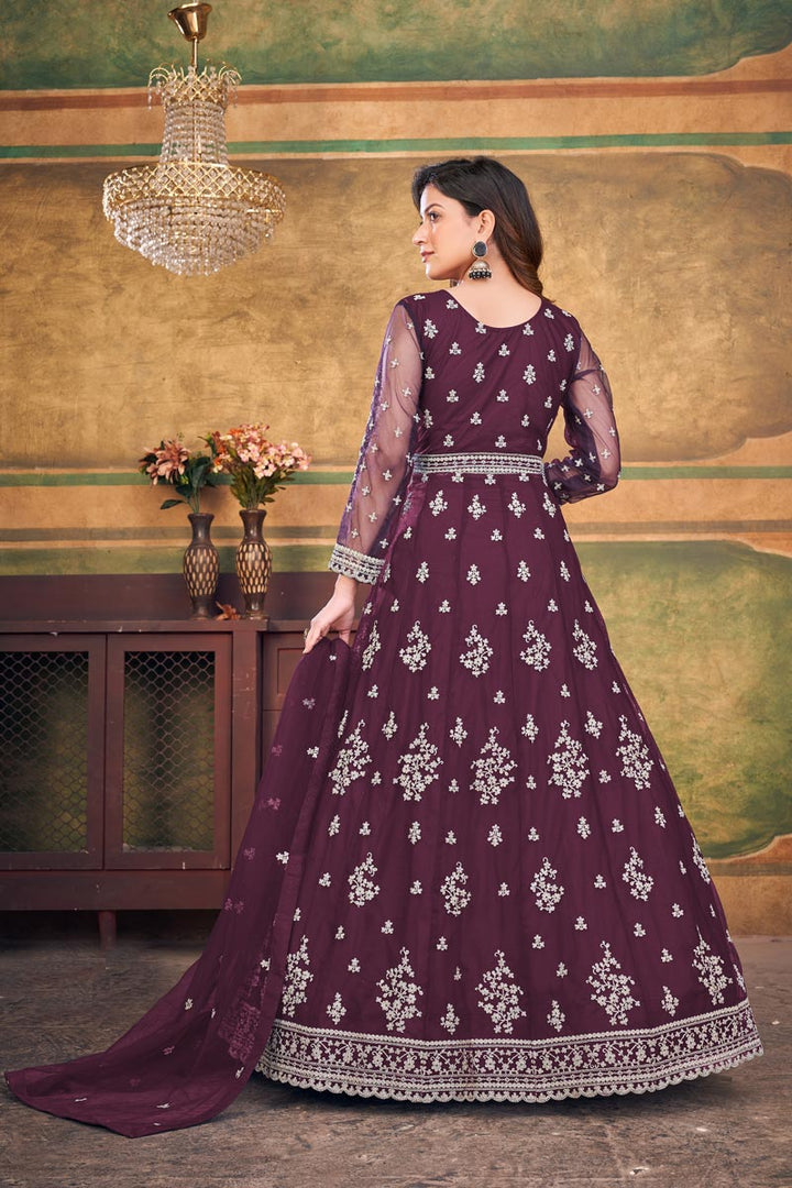 Tempting Net Fabric Wine Color Function Look Anarkali Suit