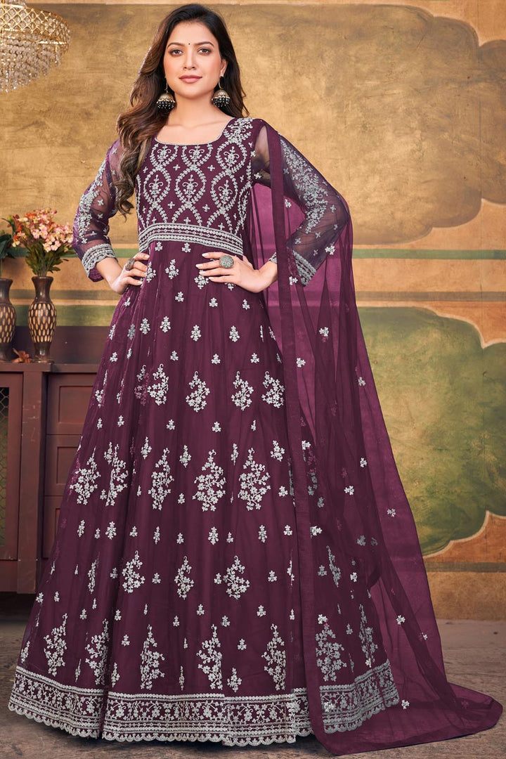 Tempting Net Fabric Wine Color Function Look Anarkali Suit