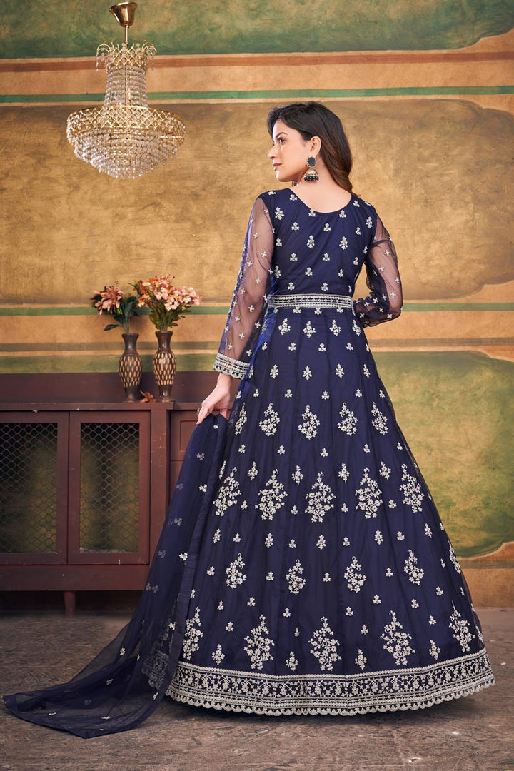 Engaging Navy Blue Color Net Fabric Function Look Anarkali Suit